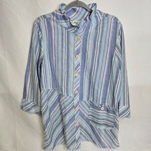 Norm Thompson Cotton/Linen Asymmetrical Striped Tunic, Blue/White, Large NWOT